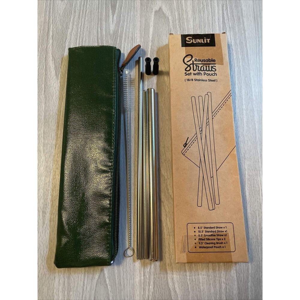 New Stainless Steel Reusable Drinking Straw Set Pouch Silicone Tips 3 Sizes